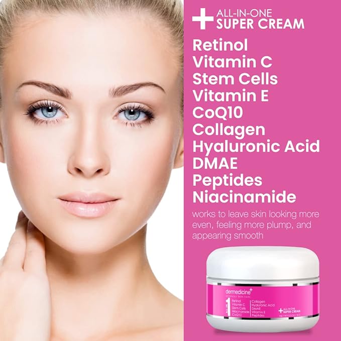 All In One Super Anti-Aging Cream for Face with Retinol, Vitamin C, Stem Cells, Vitamin E, CoQ10, Collagen, Hyaluronic Acid, DMAE, Peptides, Niacinamide Trial Size