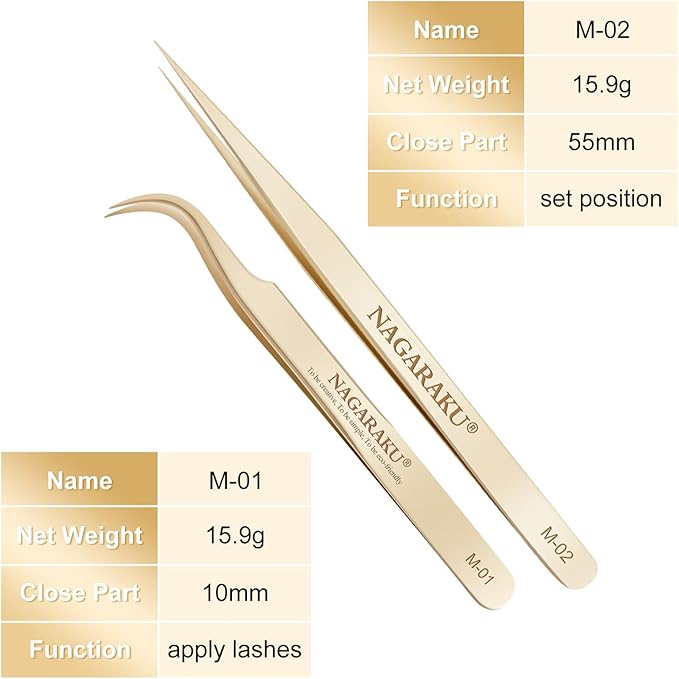 NAGARAKU Tweezers for Eyelash Extensions Straight and Curved Precision Professional Volume Easy Fanning lash Precise Point 1 Pair Tweezers for Lash(M-01 and M-02)