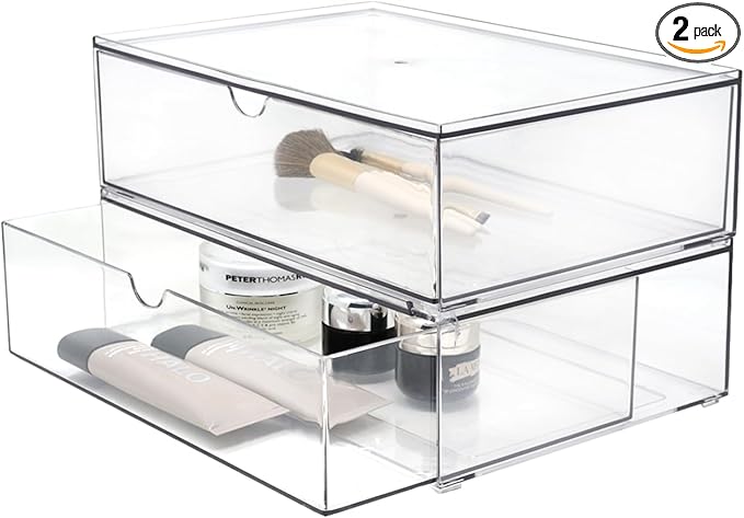 Youngever 2 Pack Large Stackable Organizer Drawers, Stackable Makeup Organizer, Stackable Makeup Storage, Clear Cosmetic Organizers, Makeup Organizer Drawers (12" x 7.5" x 3.5")