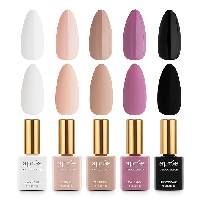 Apres Gel Couleur Combo Set, 5 Color Gel Nail Polish, Bright Nude Pastel Colors with Brush-X Nail Art Brush, 2024 Edition (Set 13)