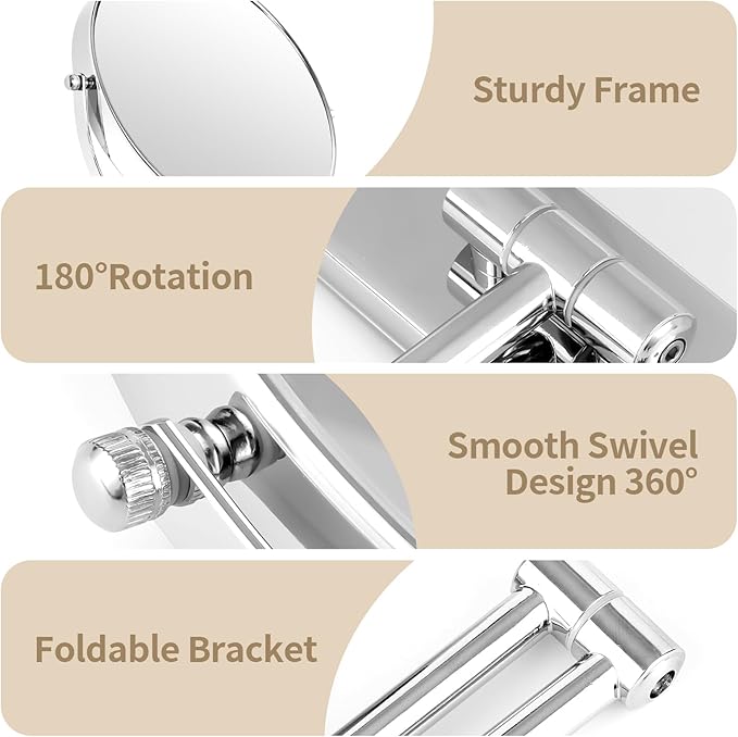 9” Large Wall Mounted Makeup Mirror 1X/7X Double-Side Bathroom Magnifying Mirror 360 Swivel Vanity Mirror Extendable Shaving Wall Mount Cosmetic Mirror for Men and Women, Chrome
