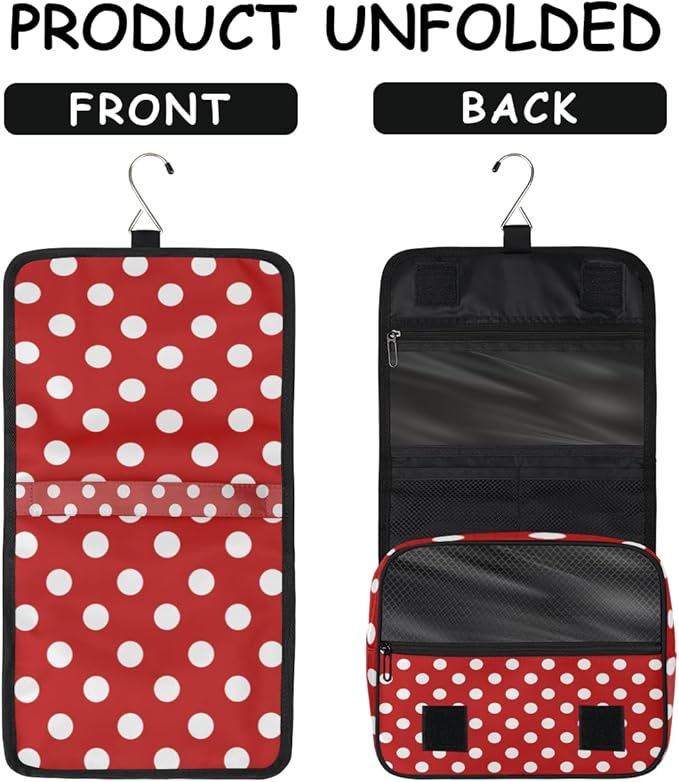 Hanging Travel Toiletry Bag for Women, Polka Dot Print Travel Makeup Bag Red White Polka Dot Portable Cosmetic Bag Travel Organizer for Toiletries Accessories