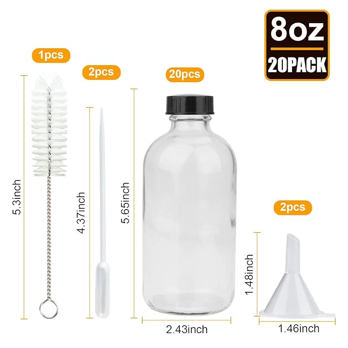 8oz Clear Glass Bottle, Reusable Glass Bottles with Airtight Lid for Shampoo, Conditioner, Essential Oils, Set of 20 (Clear)