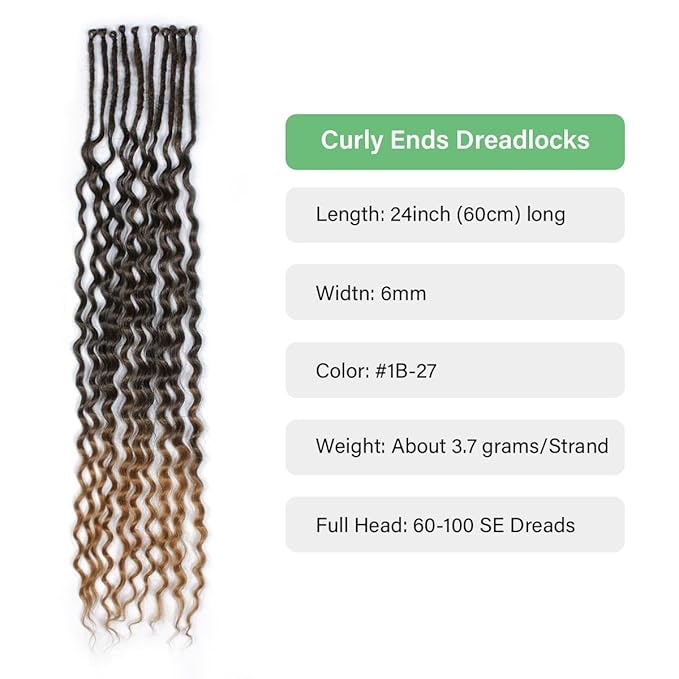 24 In 30 Strands Curly Dreadlock Extensions, Ombre Brown Synthetic Single Ended Dreads Extensions, 100% Handmade Dreads Hippie Style Dreadlocks for Woman