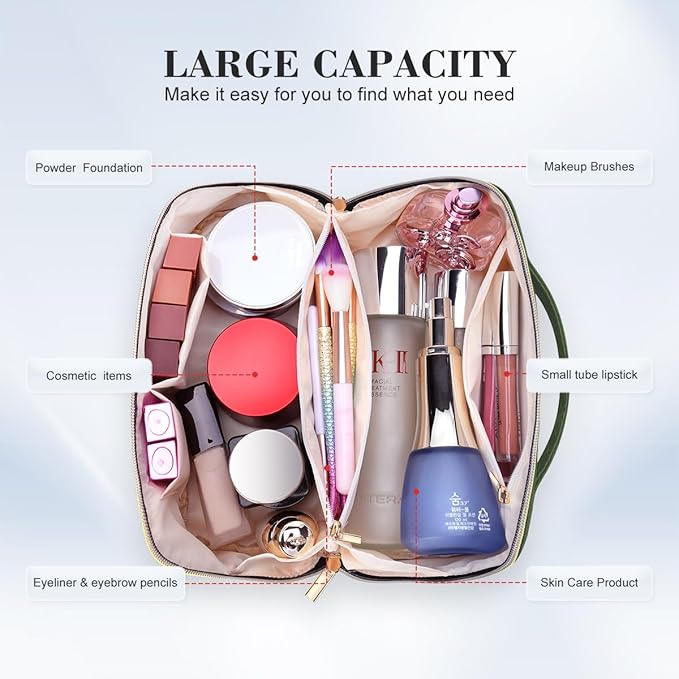 Travel Makeup Bag: Large Capacity Cosmetic Bag for Women, Portable PU Leather Waterproof Stuff Bag With Handle and Divider Flat Lay Makeup Pouch Toiletry Bag Birthday Gift for Women - Green