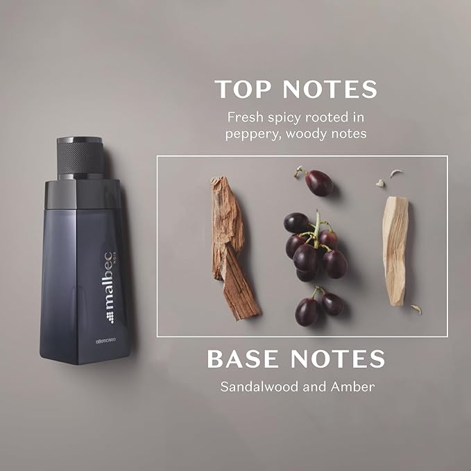 Malbec Noir Eau de Toilette By O Boticario Cologne For Men, Long-Lasting Men's Fragrances, French Oak Barrel-Aged & Pinot Noir Grapes, Woody Spicy Wine Scent, 3.4 Ounce
