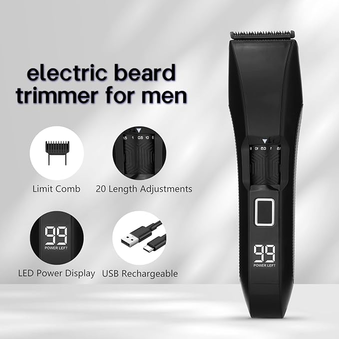 Manscape Men's Beard Trimmer, 20 Length Adjustable Blade Wheel,Stainless Steel T-Blade for Precision Facial Hair Trimming, Cordless Hair Clipper IPX7 Waterproof, LED Display(Black)