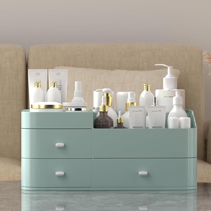 MIUOPUR Makeup Organizer for Vanity, Large Capacity Desk Organizer with Drawers for Cosmetics, Lipsticks, Jewelry, Nail Care, Skincare, Ideal for Bedroom and Bathroom Countertops - Large Green