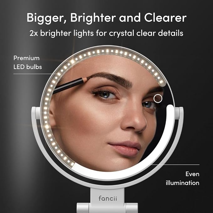 Fancii Travel Magnifying Mirror 10x /1x with Lights, Rechargeable | 9-Inch Extra Large LED Lighted Makeup Mirror, Folding Double Sided Portable Vanity Mirror, 3 Light Settings, Touch Sensor (Sadie)