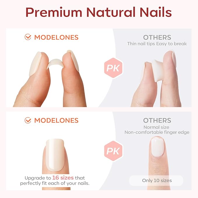 Modelones Press on Nails Almond, Short Red French Tip Fake Nails Chrome, Spring Easter Nail Kit with Nail Glue Adhesive Tabs Mini Nail File, Nails Press Ons 32Pcs 16 Sizes, Women Girl Gift