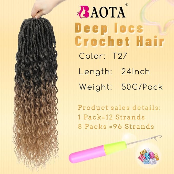 24 Inch Goddess Locs Crochet Hair Faux Locs With Curly Ends Crochet Hair For Black Women Human Hair Deep Wave Locs Hair Ombre Blonde T27 8 Packs