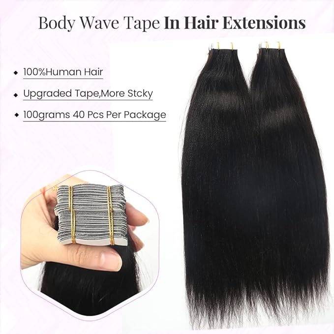 40Pcs 100G Tape in Hair Extensions Human Hair Yaki Straight Tape in Human Hair 20 Inches Seamless Skin Weft Invisible Double Sided Tape for Women 2Packs for Full Head Light Yaki Straight Tape On Hair