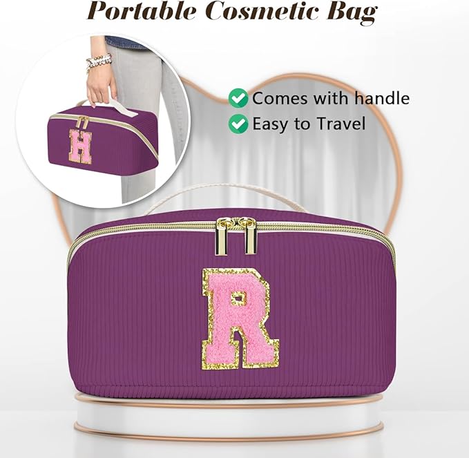 Gifts for Girls, Initial Travel Makeup Bag Women's Day Gift Make up Bag Cosmetic Bags Monther's Day Gifts, Personalized Stuff Bag Cute Makeup Bag Birthday Gifts for Women/Friend/Mother Deep Purple - G