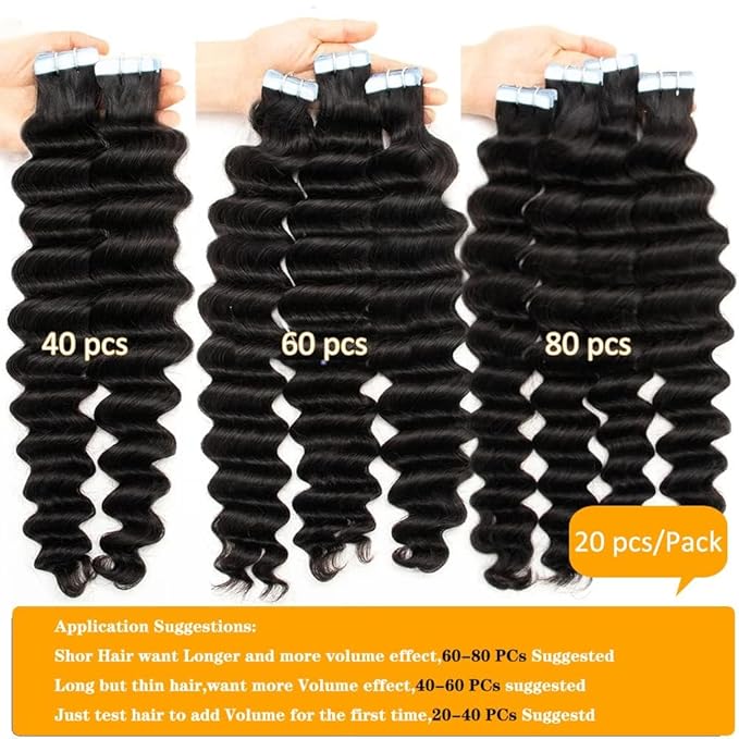 Curly Tape in Hair Extensions Human Hair for Black Women Seamless Skin Weft Invisible Tape in Hair Extensions Double Sided Deep Wave 16 Inch 50G 20pcs/set Curly Wavy Remy Hair Natural Color