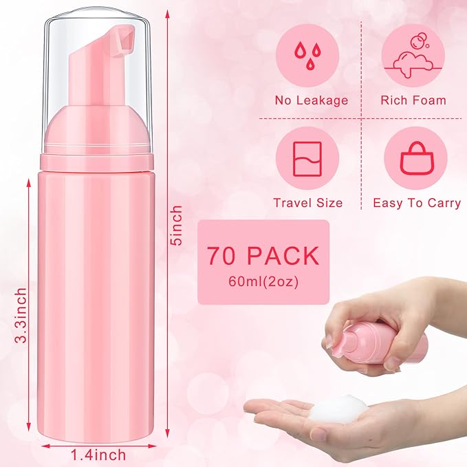 70 Pcs 2 oz Plastic Foam Soap Dispensers Refillable Lash Shampoo Bottles with Pump Mini Eyelash Cleaning Foam Bottle Dispenser for Refillable Travel Cosmetics (Pink)