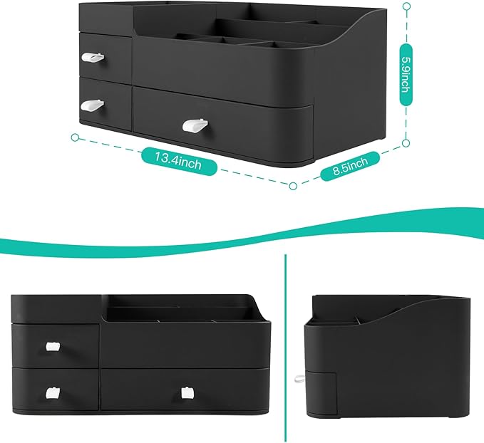 Makeup Organizer for Vanity, Large Countertop Organizer with Drawers, Cosmetics Storage for Skin Care, Brushes, Eyeshadow, Lotions, Lipstick,Nail Polish.Great for Dresser, Bathroom, Bedroom, Black
