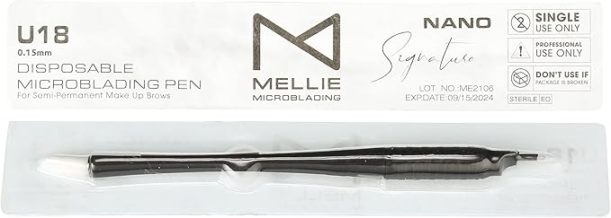 Mellie's Signature Microblading Eyebrow Pen (Pack of 10) - Disposable Microblading Pen for Brows - Sterilized Blade, Comfortable Rubber Grip and Pigment Sponge for Flawless Bro (U18 NANO .15mm, Black)