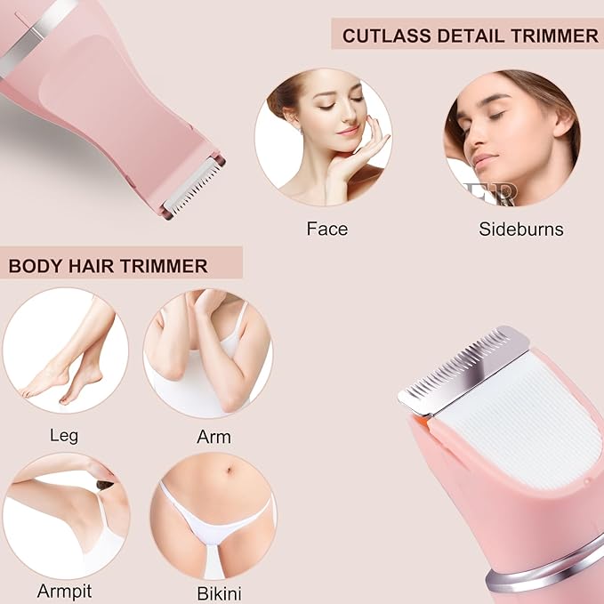 Bikini Trimmer for Women - 2 in 1 Electric Lady Pubic Hair Private Area Legs Arms Removal Personal Elecrtric Razor Shaver Rechargeable with Snap-in Ceramic Blades, Wet and Dry Use,Pink