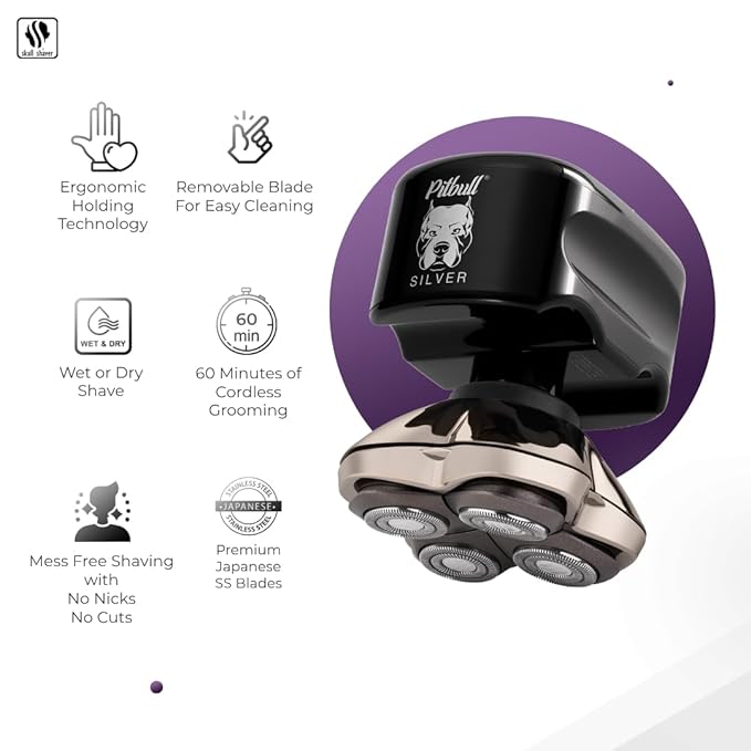 Skull Shaver Pitbull Silver PRO: Electric Head Shaver for Men with Baby Beast Trimmer: Ultimate Cordless Hair & Beard Grooming Kit, Precision Blades Bundle Best Gifting Combo