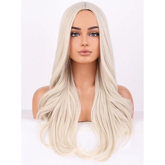BERON Platinum Blonde Wigs Long Wavy Wig for Women Natural Curly Light Blonde Heat Resistant Synthetic Hair Wigs for Cosplay Party Daily or Use