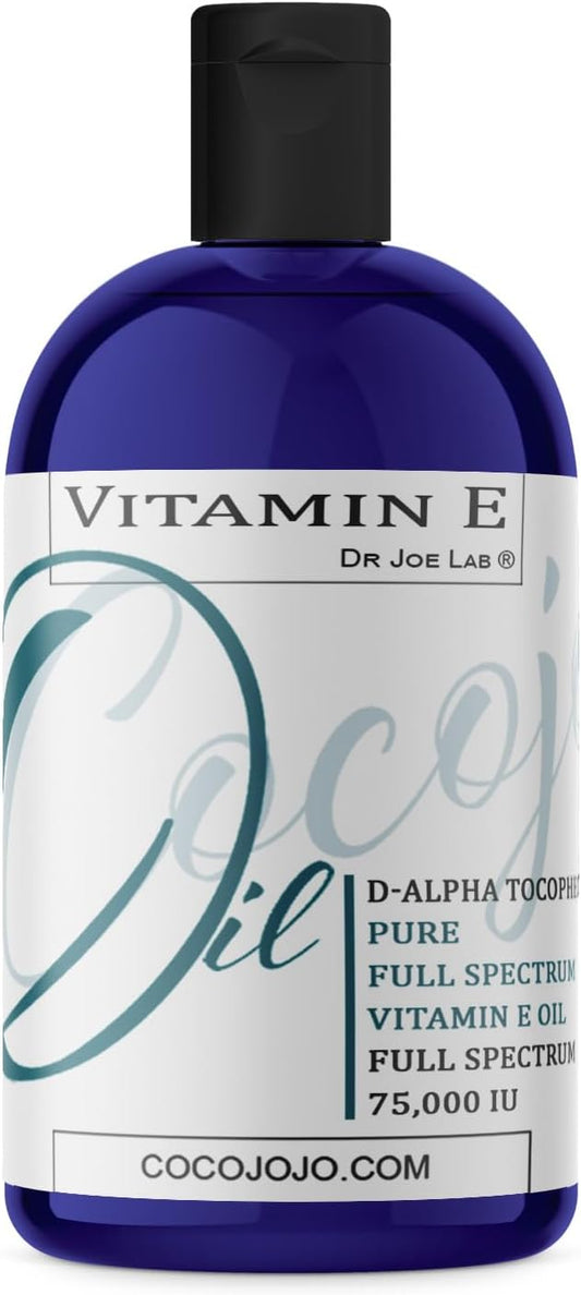 Dr Joe Lab Vitamin E Oil - Pure & Undiluted, Full Spectrum, D-Alpha Tocopherol, 75,000 IU - 8 oz - for Skin, Hair, Nails, Body Care Hydrating Rejuvenating - Packaging May Vary