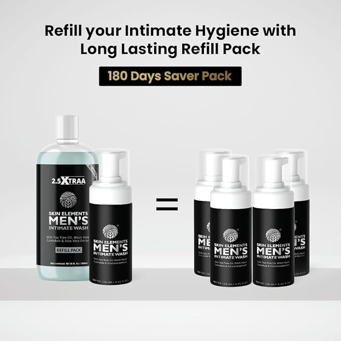 Skin Elements Men's Intimate Wash JUMBO Pack | with Refill | For 180 Days | 14.2 fl. oz | pH Balanced Hygiene Foaming Wash | Prevents Bad Odor | with Tea Tree Oil | Genital Wash | Super Saver Pack |