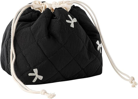 Cotton Quilted Drawstring Makeup Bag with Canvas Lining,Coquette Aesthetic Cute Travel Toiletry Bag,Drawstring Gift Bag for Women and Girls（06Black Bows）