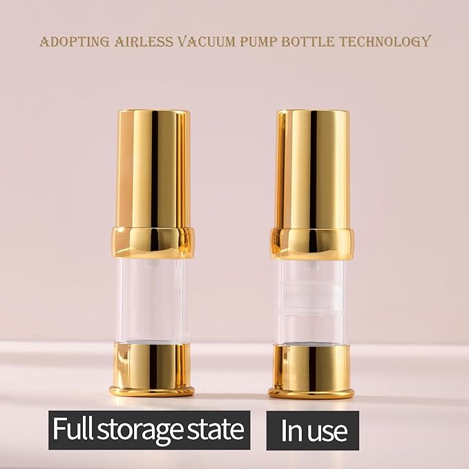 golden airless pump bottle with travel bag set with labels empty refillable cosmetic pump travel size containers hair oil, lotion and other liquids 5ml 10ml 15g(12 Packs)