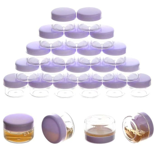 ZEJIA 5 Gram Sample Containers with Lids, Mini Makeup Containers, Empty Plastic Travel Cosmetic Containers with Labels(50 Count, Purple Lid)