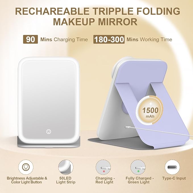 Mocado Travel Makeup Mirro with Lights, 360° Rotation Lighted Makeup Mirror, Portable Mirror with 10x Magnification, 60LEDs 3 Color Lightings, Dimmable Touch Screen, Tabletop Light up Mirror(Purple)