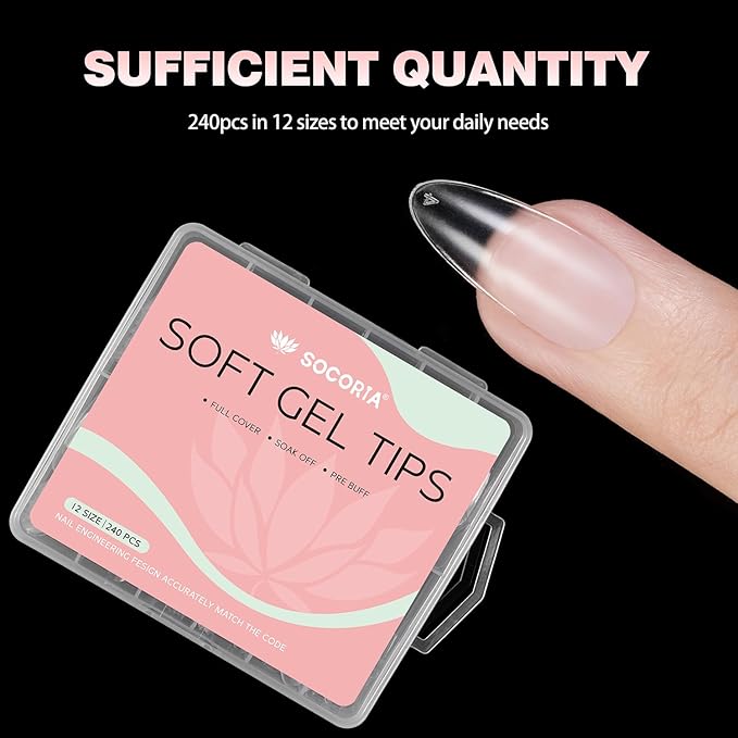 Almond Shape Nail Tips, 240PCS Full Matte Half Clear Soft Gel, Full Cover Nail Tips, Pre-shaped Soak Off False Nail for Salon DIY Nail Art - 12 Sizes