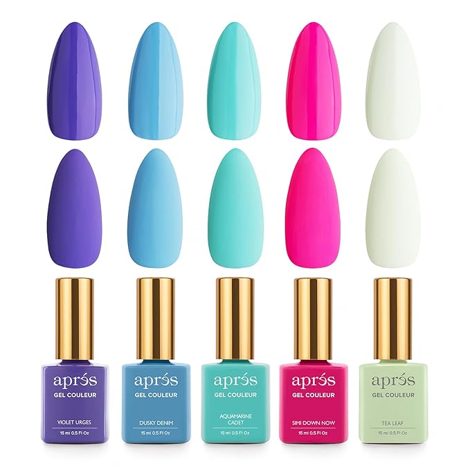 Apres Gel Couleur Combo Set, 5 Color Gel Nail Polish, Bright Nude Pastel Colors with Brush-X Nail Art Brush, 2024 Edition (Set 9)