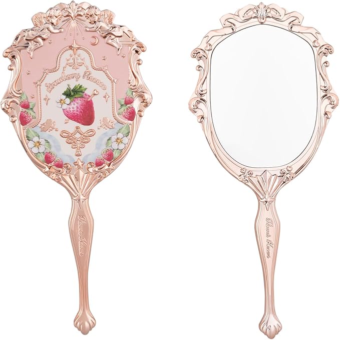 Flower Knows Strawberry Rococo Hand Mirror,Portable Vintage Handheld Mirror,Durable Metal Mirror,Cute & Aesthetic Princess Mirror,with Long Handle for Easy Holding,Gift for Girls(Soft Pink)