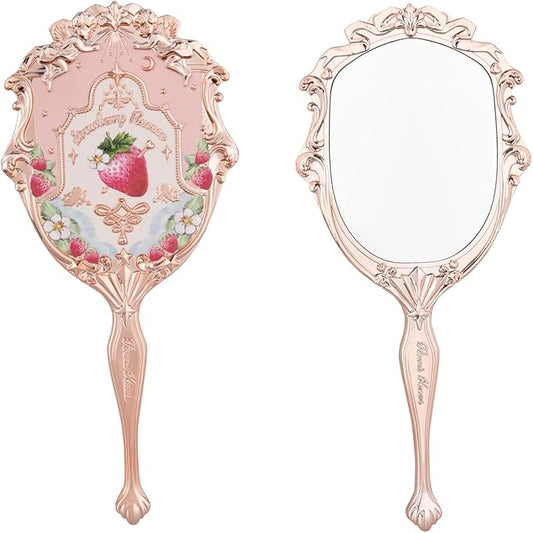 Flower Knows Strawberry Rococo Hand Mirror,Portable Vintage Handheld Mirror,Durable Metal Mirror,Cute & Aesthetic Princess Mirror,with Long Handle for Easy Holding,Gift for Girls(Soft Pink)