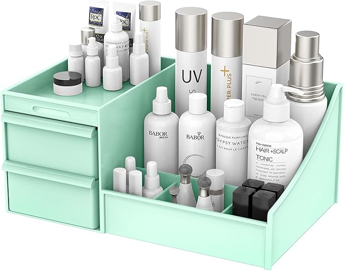 Makeup Desk Cosmetic Storage Box Organizer with Drawers for Dressing Table, Vanity Countertop, Bathroom Counter, Elegant Vanity Holder for Brushes, Eyeshadow, Lotions, Lipstick and Nail Polish