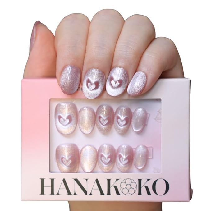 Press on Nails Handmade Nails 3D Press on Nails Short Medium Oval Almond Nails Fake Nails Glitter Cat Eye Nails Gel Nails Durable Reusable False Nails 10 Pcs (Cat Eye Heart Pink, S)