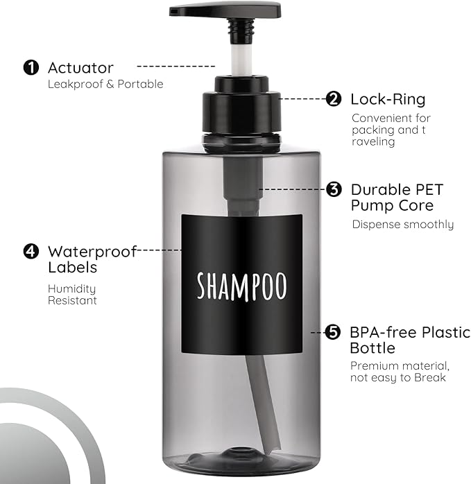 Segbeauty Shower Bottles Refillable, 3pcs 16.9oz/500ml Liquid Dispenser with Labels, Empty Plastic Lotion Pump Press Bottles for Shampoo, Conditioner, Body Soap, Hand Soap, Bathroom, Hotel - Gray