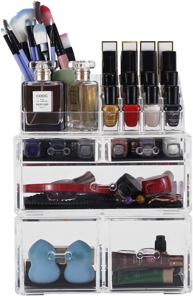 Sooyee Makeup Organizer,Acrylic Cosmetic Organizer Storage Drawers Jewelry and Cosmetic Display Cases Box(5 Drawers 7 Tiers) 3 Pieces Stackable,Clear
