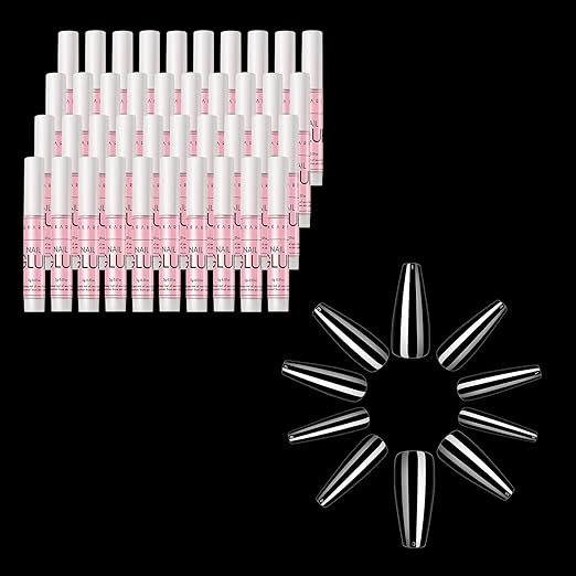 Makartt 40Pcs Nail Glues Bulk for Acrylic Nails with Coffin Nails Tips Bundle, Super False Nail Adhesive Glue for Nail Repair, 500pcs Clear Full Cover Press on Nails Long Ballerina Nails 10 Sizes