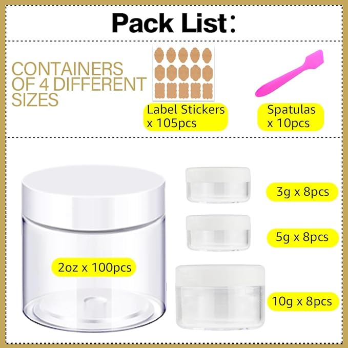 2 oz Plastic Containers with Lids 100pcs Plastic Jars with White Lids + 3/5/10 Gram 24pcs Sample Containers Travel Jar– Great for Lip Scrub, Body Butters, Cream, Lotion, Labels & Spatulas (124 Pack)