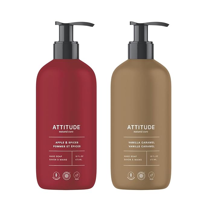 Bundle of ATTITUDE Liquid Hand Soap, EWG Verified, Plant and Mineral-Based, Vegan Personal Care Products, Apple & Spices, 16 Fl Oz + Liquid Hand Soap, Vanilla Caramel, 16 Fl Oz