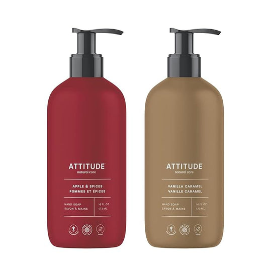 Bundle of ATTITUDE Liquid Hand Soap, EWG Verified, Plant and Mineral-Based, Vegan Personal Care Products, Apple & Spices, 16 Fl Oz + Liquid Hand Soap, Vanilla Caramel, 16 Fl Oz