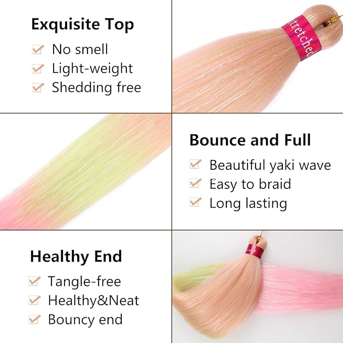 Upgraded Braiding Hair Extension Mix Tinsel, Pre Stretched Braiding Hair for Braiding Twist Braids Itch Free Hot Water Setting Yaki Straight Hair