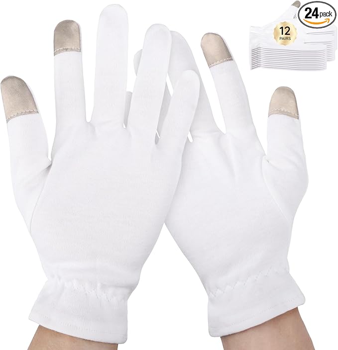 Segbeauty 24 Count White Cotton Gloves with Touchscreen Fingertips, 12 Pairs Moisturing White Gloves with Elastic Band for Dry Hands, Soft Thick Cotton Sleeping Gloves Overnight for Men & Women Large