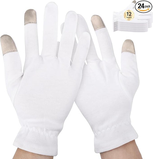 Segbeauty 24 Count White Cotton Gloves with Touchscreen Fingertips, 12 Pairs Moisturing White Gloves with Elastic Band for Dry Hands, Soft Thick Cotton Sleeping Gloves Overnight for Men & Women Large