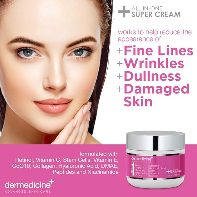All In One Super Anti-Aging Cream for Face with Retinol, Vitamin C, Stem Cells, Vitamin E, CoQ10, Collagen, Hyaluronic Acid, DMAE, Peptides, Niacinamide for More Youthful Looking Skin 2oz