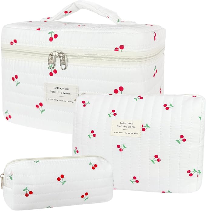 3Pcs Cotton Quilted Makeup Bag for Women Girls, Large Floral Cosmetic Bag Set Cute Makeup Brushes Aesthetic Accessories Storage Bag Cherry Travel Toiletry Bag Organizer