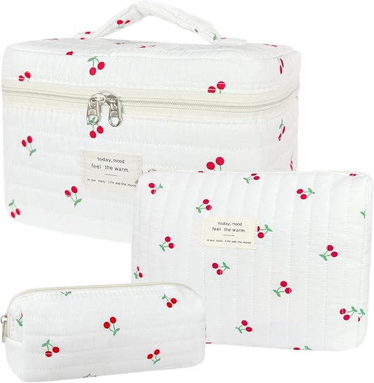 3Pcs Cotton Quilted Makeup Bag for Women Girls, Large Floral Cosmetic Bag Set Cute Makeup Brushes Aesthetic Accessories Storage Bag Cherry Travel Toiletry Bag Organizer