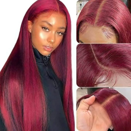 28Inch 99J Burgundy Straight Lace Front Wigs Human Hair Bleached Knots 13x4 HD Burgundy Lace Front Human hair wig Pre Plucked with Baby Hair 150% Density Glueless Wigs Human Hair Natural Hairline Red