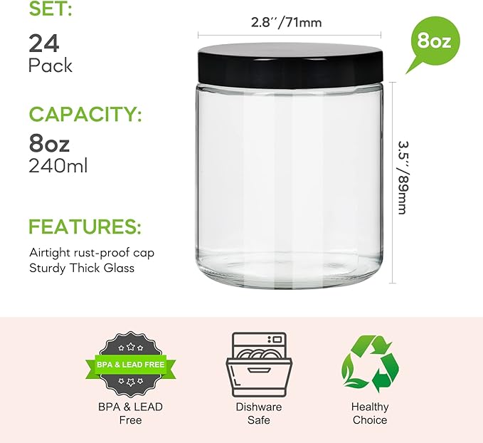 EkkoVla 24 Pack 8 oz Clear Round Glass Jars with 24 Black Lids, Candle Making Jar, Empty Refillable Cosmetic Containers for Lotions, Face Creams, Body Butter, Powders, Ointments, Beauty Products